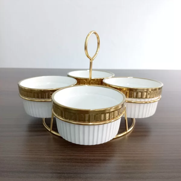 4 Compartment Porcelain Bowl Set with Metal Holder