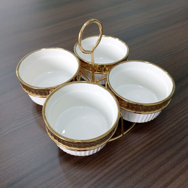 4 Compartment Porcelain Bowl Set with Metal Holder