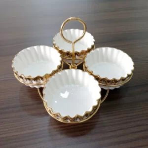 4 Compartment Porcelain Bowl Set with Metal Holder