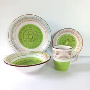 16pc Ceramic Dinner Set - Green and Multi-Coloured Stripes