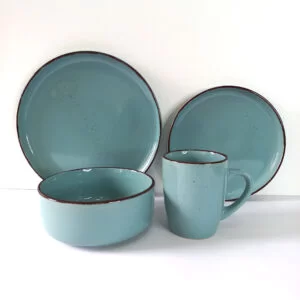 16pc Ceramic Dinner Set – Speckled Dark Cyan with Brown Rim