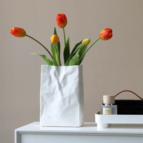 Minimalist White Ceramic Vase - Crumpled Bag Finish