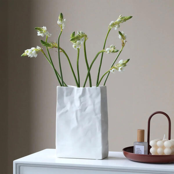 Minimalist White Ceramic Vase - Crumpled Bag Finish